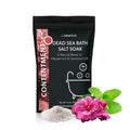 Dead Sea bath salt soak package with flowers and salt on a white background